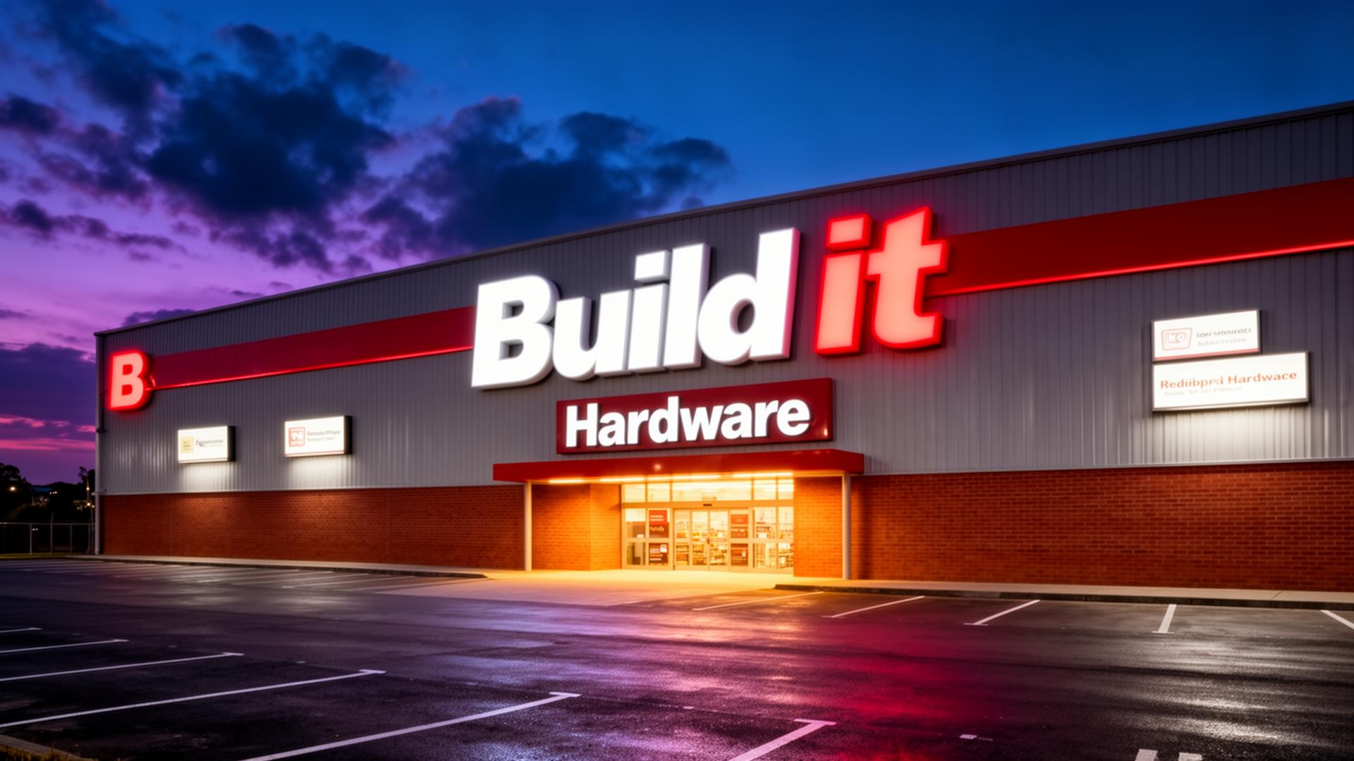 Bold illuminated Build it storefront signage at dusk